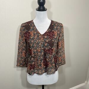 ONLY Women's Dark Floral Print Peplum Blouse Sz 36 M Whimsygoth Boho Peasant